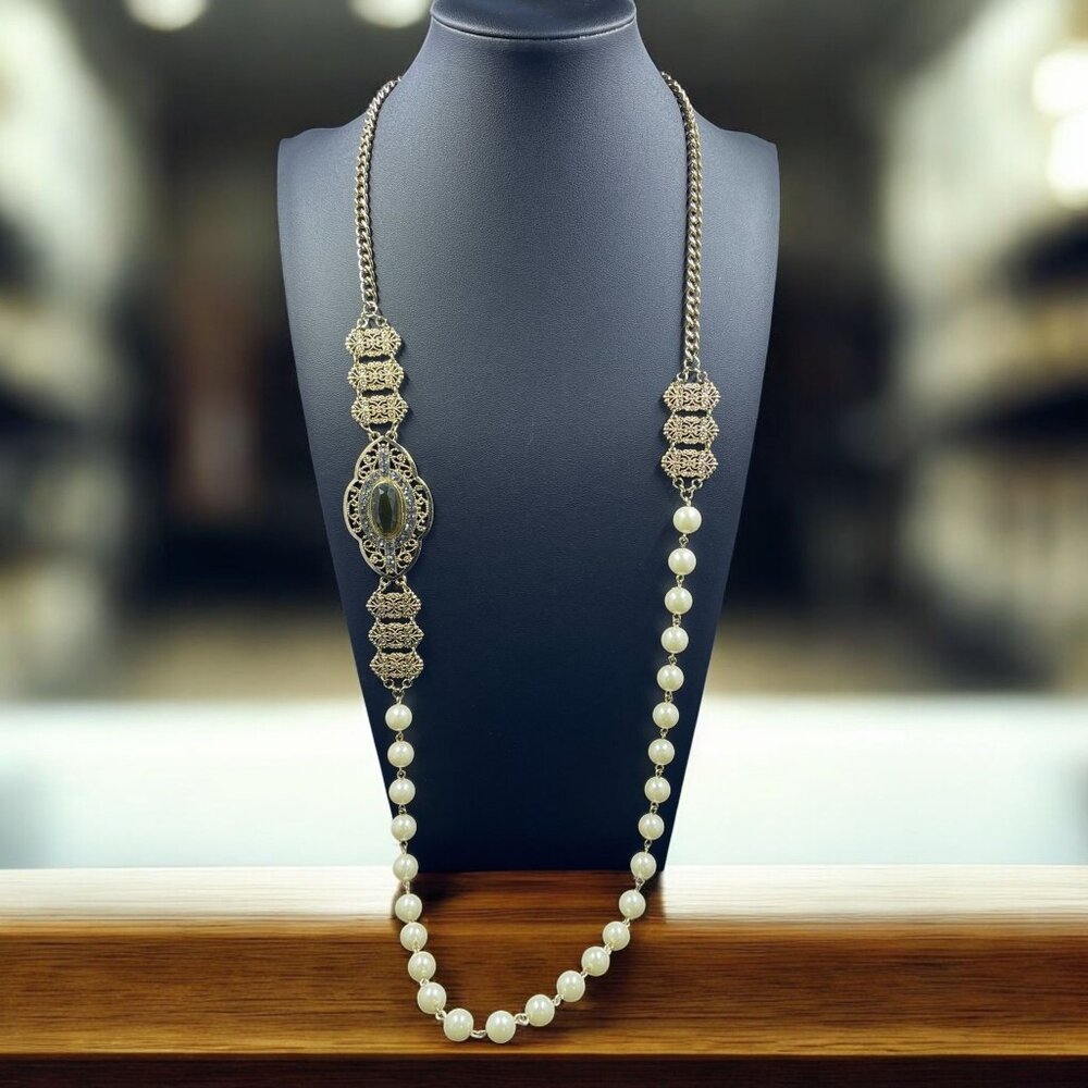 Vintage Inspired Gold Pearl Filigree Statement Necklace Regency Royalcore Coquet